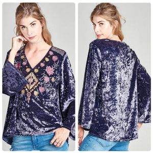 Crushed velvet v neck blouse with embroidered yoke